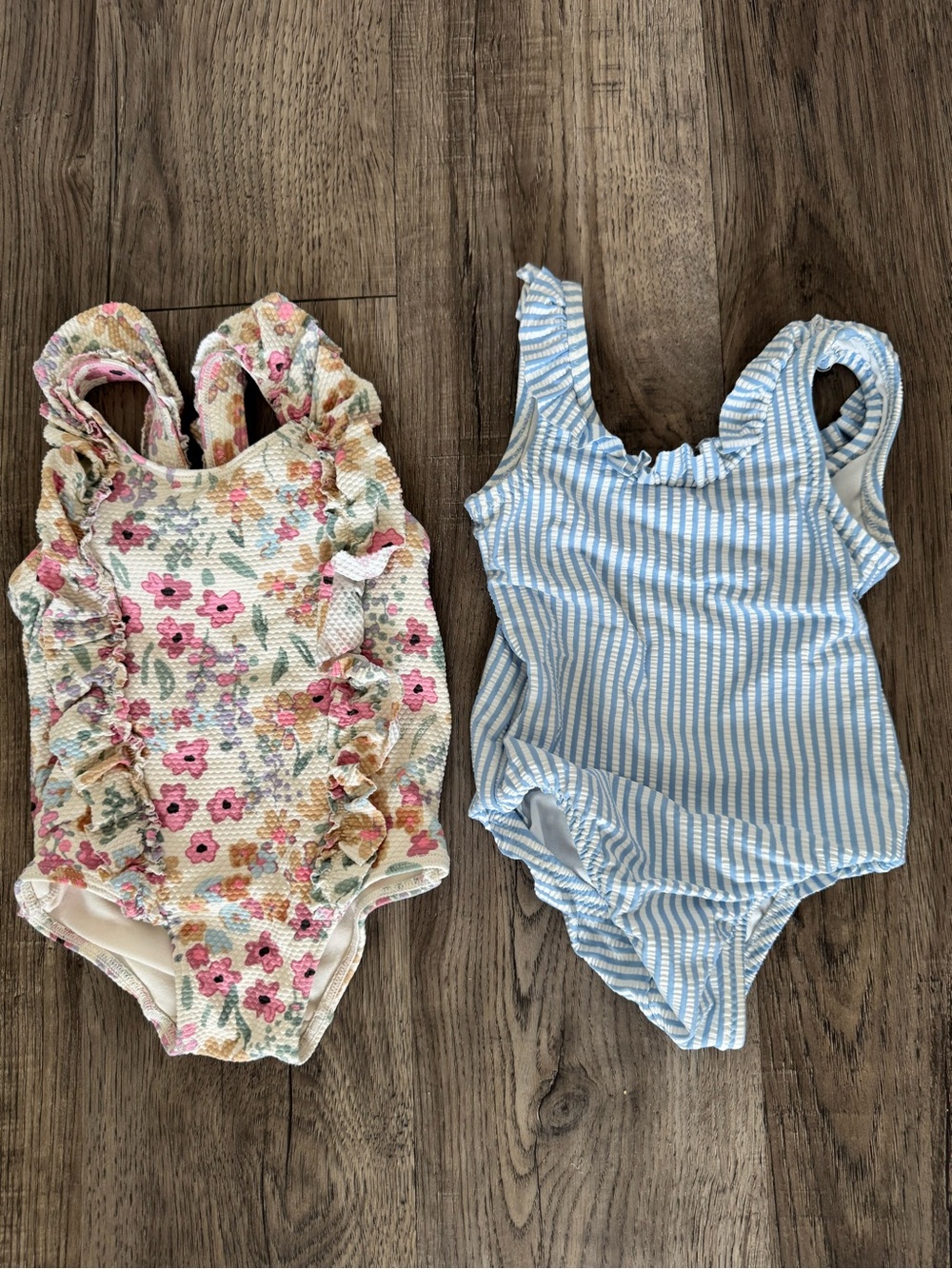 Baby Floral Ruffle One-Piece Swimsuit and Blue Stripe One-Piece Bundle